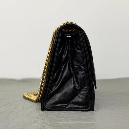 CRUSH MEDIUM CHAIN BAG 31 IN BLACK QUILTED CRUSHED CALFSKIN GOLD HARDWARE