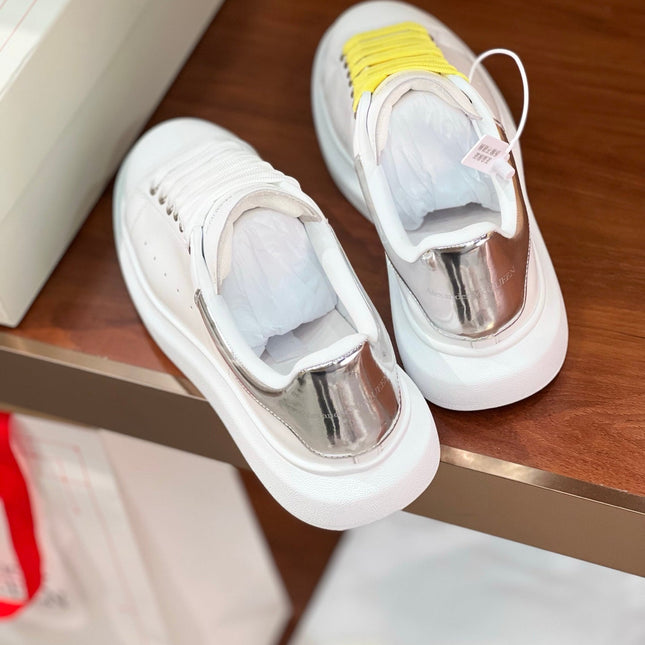 OVERSIZED SNEAKERS IN WHITE CALFSKIN SILVER HEEL TWO-TONE LACES