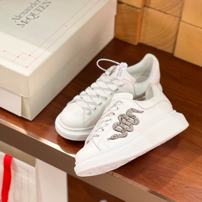 OVERSIZED SNEAKERS IN WHITE CALFSKIN EMBROIDERED SILVER CRYSTAL SNAKE