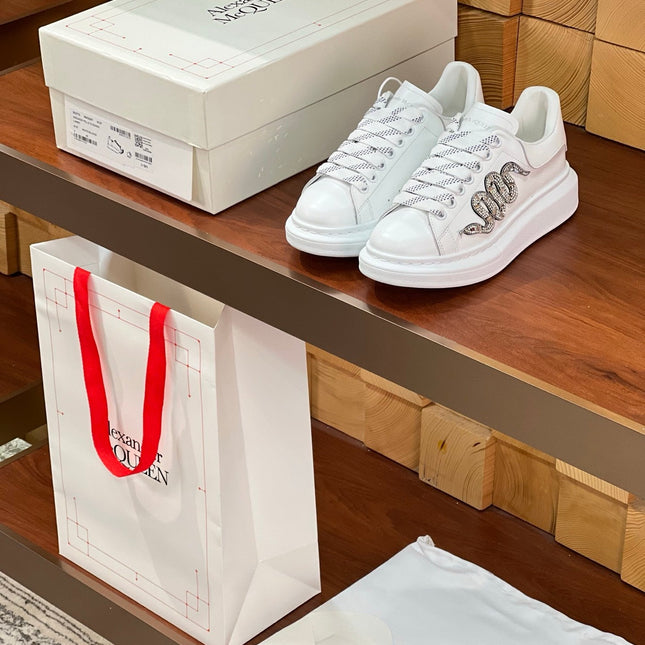 OVERSIZED SNEAKERS IN WHITE CALFSKIN EMBROIDERED SILVER CRYSTAL SNAKE