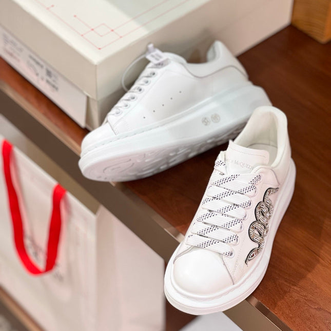 OVERSIZED SNEAKERS IN WHITE CALFSKIN EMBROIDERED SILVER CRYSTAL SNAKE