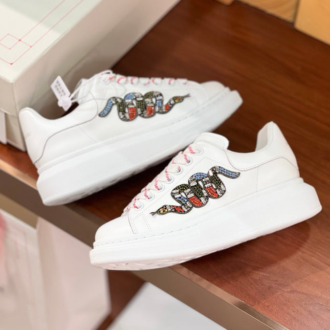 OVERSIZED SNEAKERS IN WHITE CALFSKIN EMBROIDERED CRYSTAL SNAKE