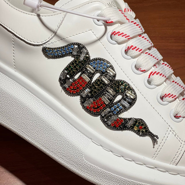 OVERSIZED SNEAKERS IN WHITE CALFSKIN EMBROIDERED CRYSTAL SNAKE