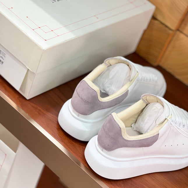 OVERSIZED SNEAKERS IN WHITE CALFSKIN WITH THISTLE PURPLE SUEDE HEEL TAB