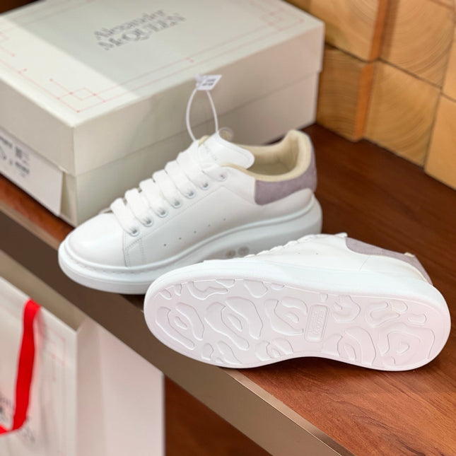 OVERSIZED SNEAKERS IN WHITE CALFSKIN WITH THISTLE PURPLE SUEDE HEEL TAB