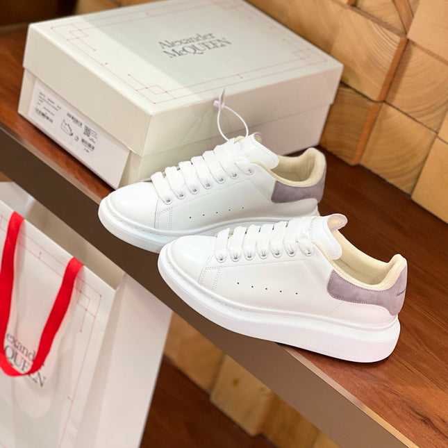 OVERSIZED SNEAKERS IN WHITE CALFSKIN WITH THISTLE PURPLE SUEDE HEEL TAB