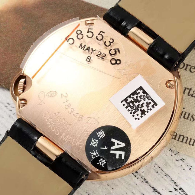 BALLON BLANC DE CARTIER WATCH GOLD CASE AND BLACK CALFSKIN WITH CRYSTALS