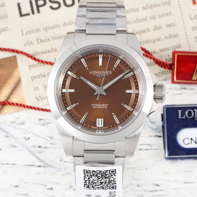 CONQUEST WATCH SILVER CASE WITH CHOCOLATE BROWN DIAL