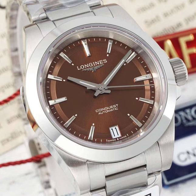 CONQUEST WATCH SILVER CASE WITH CHOCOLATE BROWN DIAL