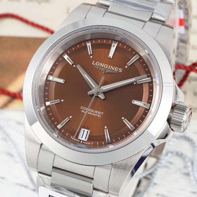 CONQUEST WATCH SILVER CASE WITH CHOCOLATE BROWN DIAL