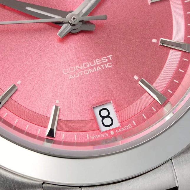 CONQUEST WATCH SILVER CASE WITH BABY PINK DIAL