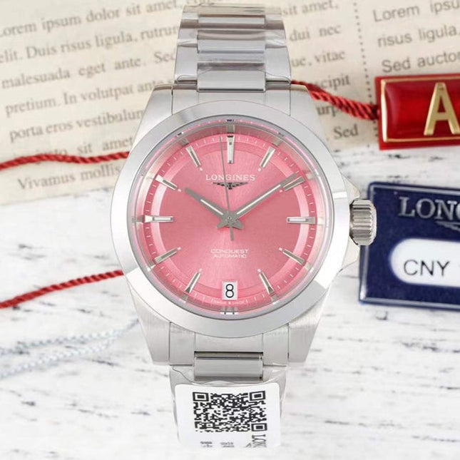 CONQUEST WATCH SILVER CASE WITH BABY PINK DIAL