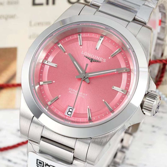 CONQUEST WATCH SILVER CASE WITH BABY PINK DIAL