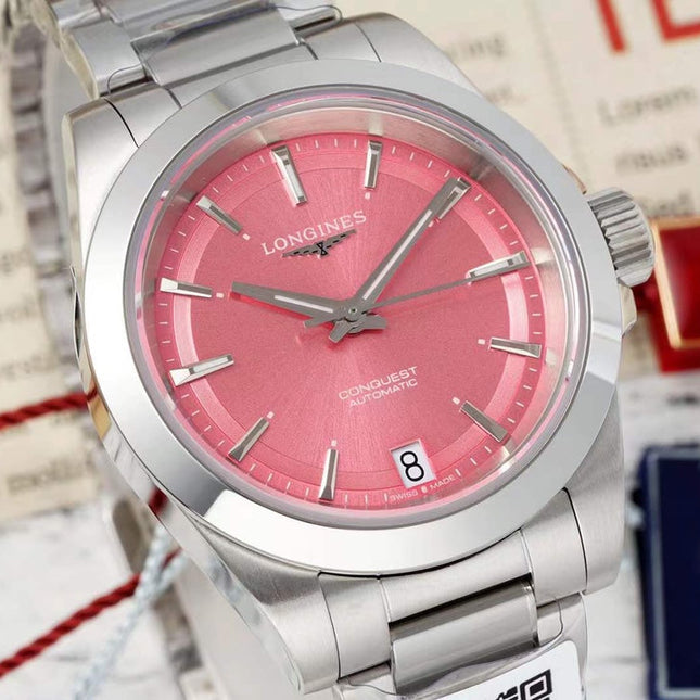 CONQUEST WATCH SILVER CASE WITH BABY PINK DIAL