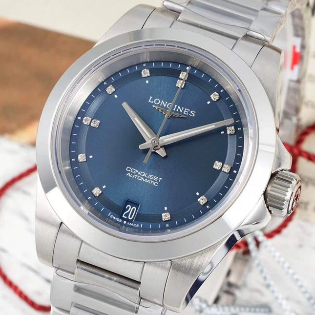 CONQUEST WATCH SILVER CASE WITH NAVY BLUE DIAL