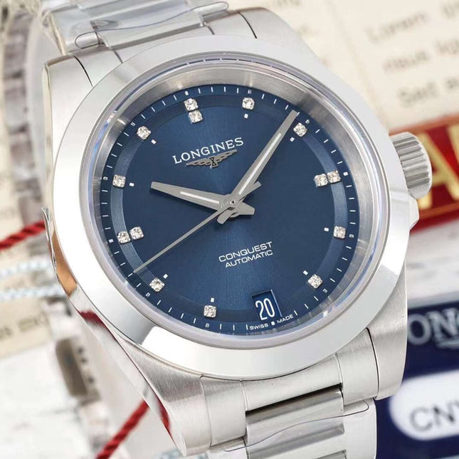 CONQUEST WATCH SILVER CASE WITH NAVY BLUE DIAL
