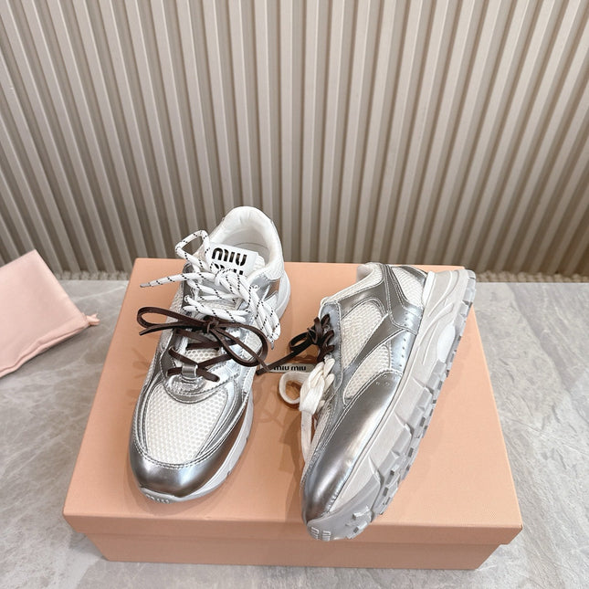 MM SNEAKERS IN WHITE AND SILVER MESH MIX CALFSKIN