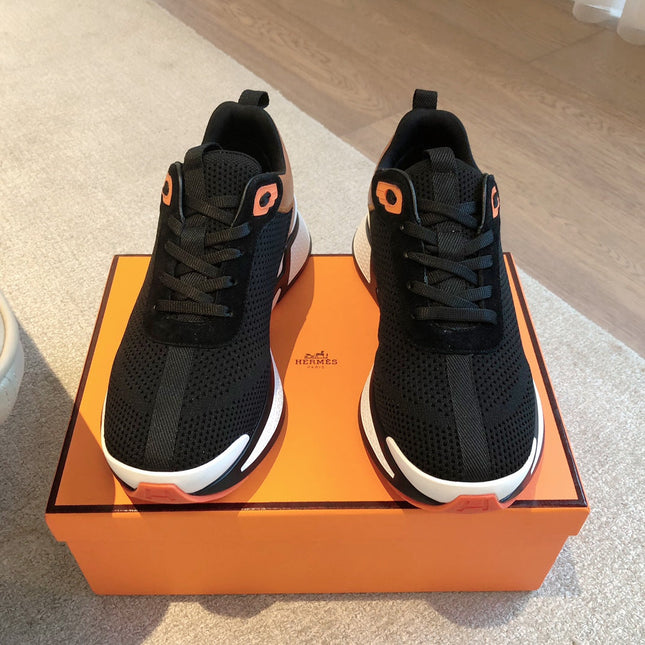 HEROS SNEAKER IN BLACK BREATHABLE MESH FABRIC AND BRONZE BROWN CALFSKIN