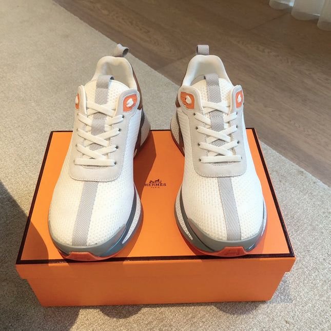 HEROS SNEAKER IN WHITE BREATHABLE MESH FABRIC AND BROWN CALFSKIN