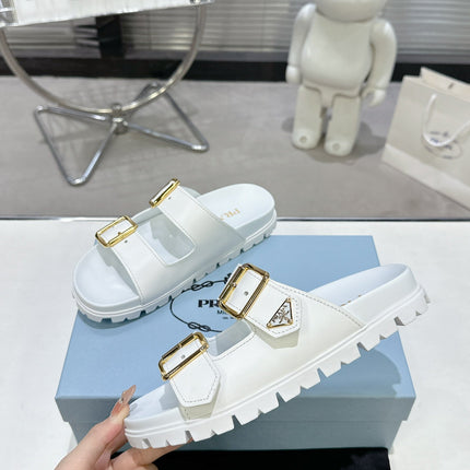 PRADA 25S STRAP SLIDES 30MM IN WHITE CALFSKIN GOLD HARDWARE