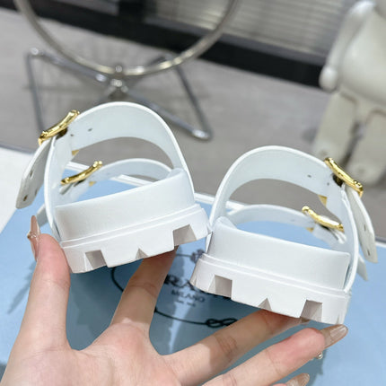 PRADA 25S STRAP SLIDES 30MM IN WHITE CALFSKIN GOLD HARDWARE