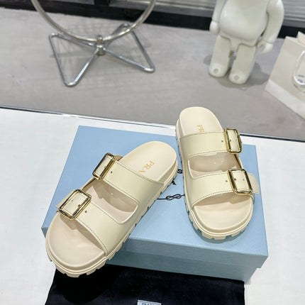 PRADA 25S STRAP SLIDES 30MM IN CREAM CALFSKIN GOLD HARDWARE