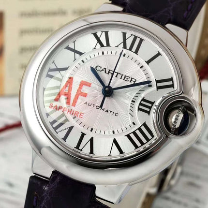 BALLON BLEU DE CARTIER 33 MM WATCH SILVER CASE WITH MIDNIGHT PURPLE LEATHER STRAP