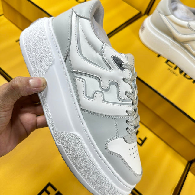 FENDI THICK-SOLDED SNEAKER IN WHITE MIX GREY LAMBSKIN