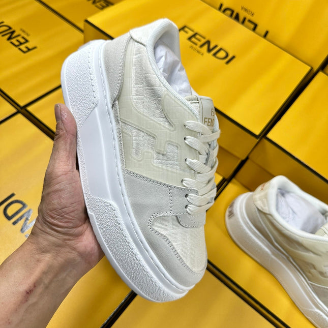 FENDI THICK-SOLDED SNEAKER IN WHITE SUEDE AND MONOGRAM FABRIC