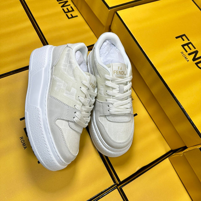 FENDI THICK-SOLDED SNEAKER IN WHITE SUEDE AND MONOGRAM FABRIC