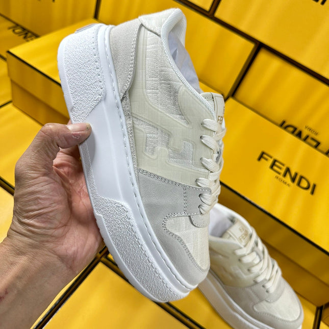 FENDI THICK-SOLDED SNEAKER IN WHITE SUEDE AND MONOGRAM FABRIC
