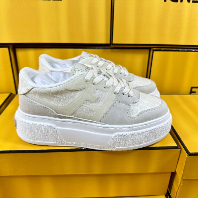 FENDI THICK-SOLDED SNEAKER IN WHITE SUEDE AND MONOGRAM FABRIC