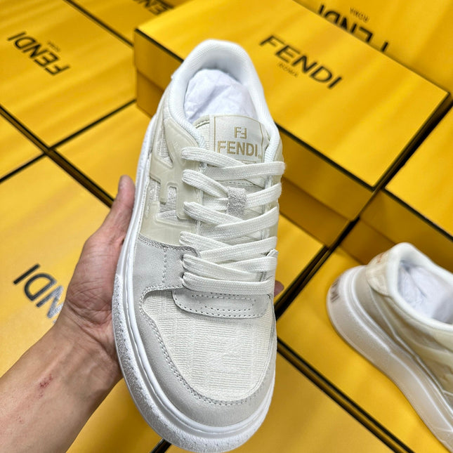 FENDI THICK-SOLDED SNEAKER IN WHITE SUEDE AND MONOGRAM FABRIC