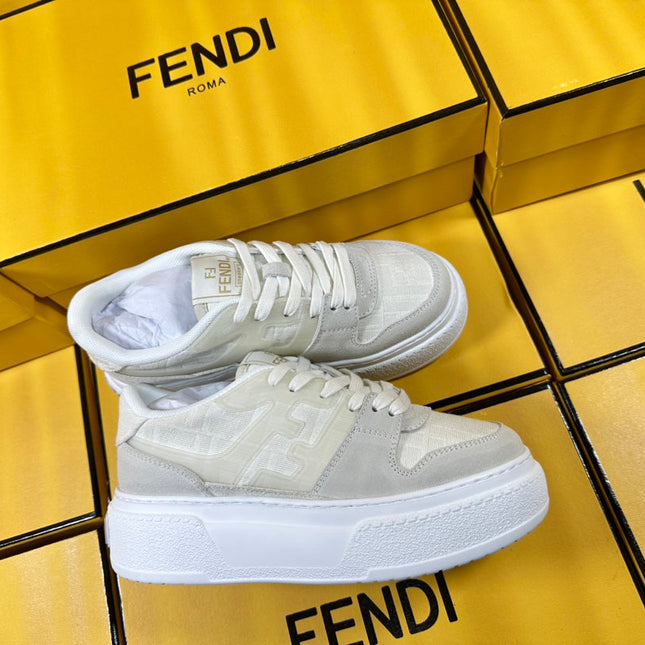 FENDI THICK-SOLDED SNEAKER IN WHITE SUEDE AND MONOGRAM FABRIC