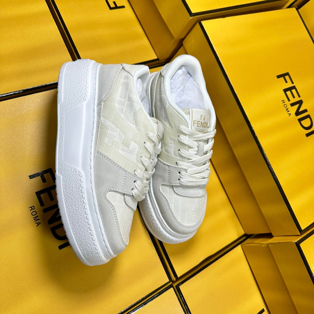 FENDI THICK-SOLDED SNEAKER IN WHITE SUEDE AND MONOGRAM FABRIC