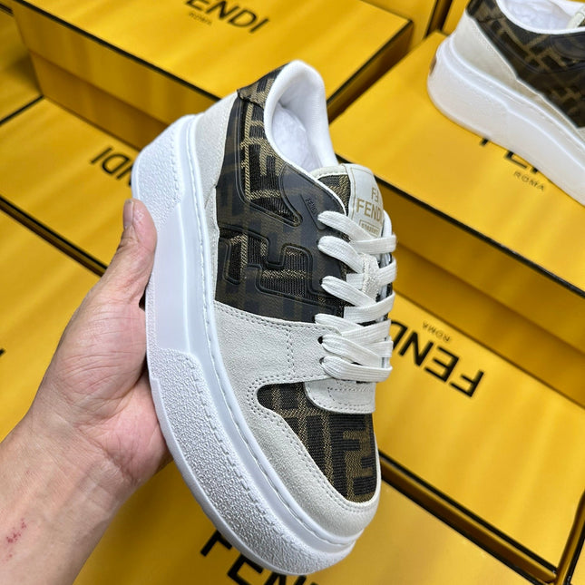 FENDI THICK-SOLDED SNEAKER IN WHITE SUEDE AND BROWN MONOGRAM FABRIC