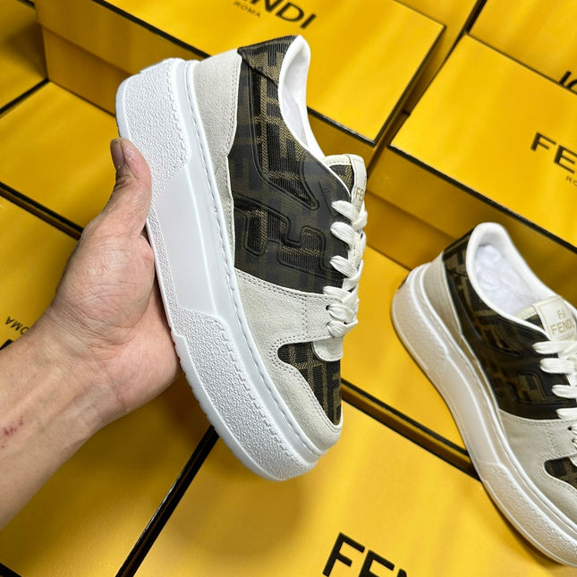 FENDI THICK-SOLDED SNEAKER IN WHITE SUEDE AND BROWN MONOGRAM FABRIC