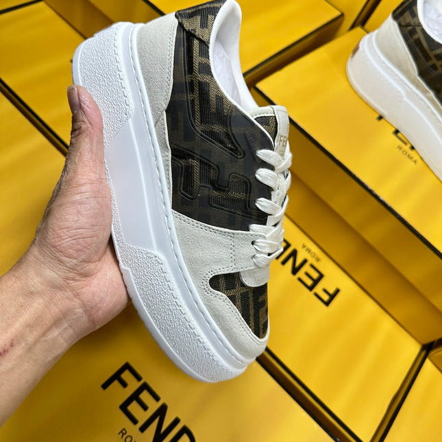 FENDI THICK-SOLDED SNEAKER IN WHITE SUEDE AND BROWN MONOGRAM FABRIC