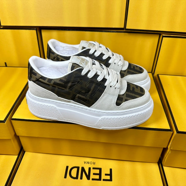 FENDI THICK-SOLDED SNEAKER IN WHITE SUEDE AND BROWN MONOGRAM FABRIC