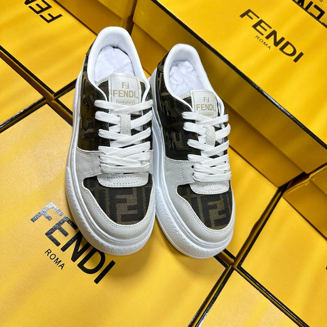 FENDI THICK-SOLDED SNEAKER IN WHITE SUEDE AND BROWN MONOGRAM FABRIC