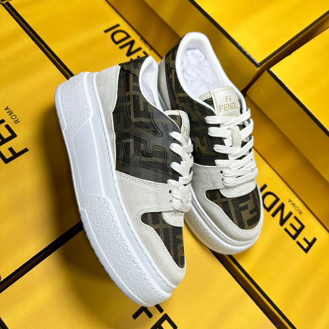 FENDI THICK-SOLDED SNEAKER IN WHITE SUEDE AND BROWN MONOGRAM FABRIC