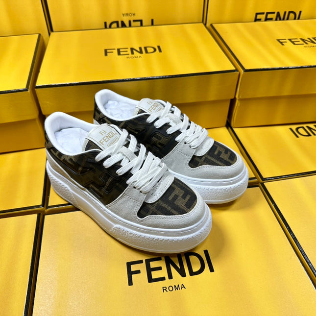 FENDI THICK-SOLDED SNEAKER IN WHITE SUEDE AND BROWN MONOGRAM FABRIC