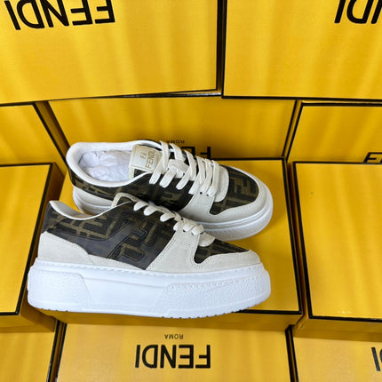 FENDI THICK-SOLDED SNEAKER IN WHITE SUEDE AND BROWN MONOGRAM FABRIC