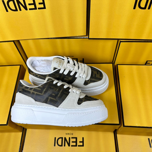 FENDI THICK-SOLDED SNEAKER IN WHITE SUEDE AND BROWN MONOGRAM FABRIC