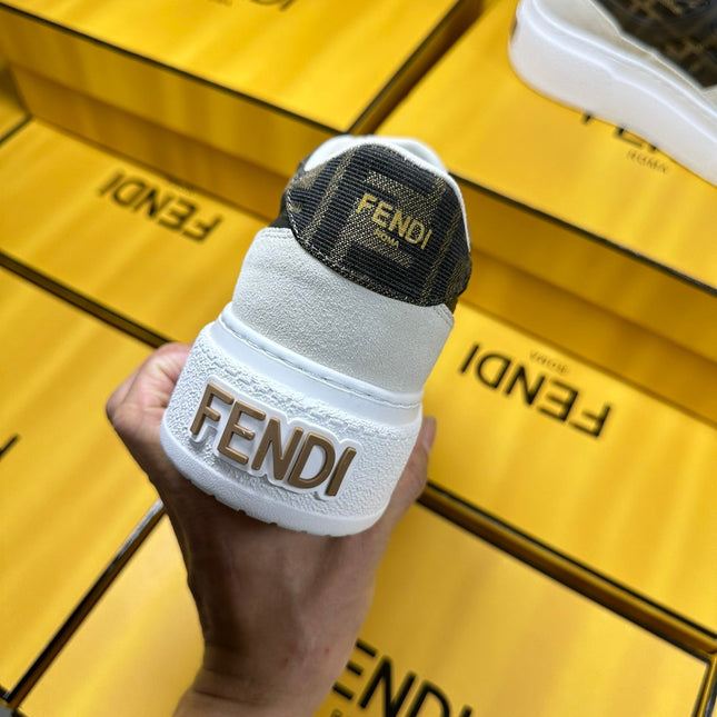 FENDI THICK-SOLDED SNEAKER IN WHITE SUEDE AND BROWN MONOGRAM FABRIC