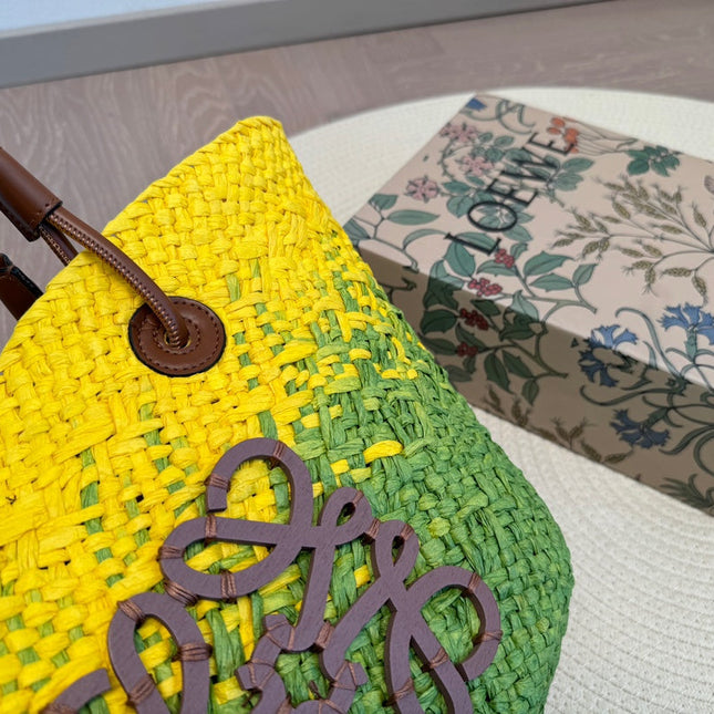 LOE SMALL ANAGRAM BASKET 28 BAG IN YELLOW MIX GREEN IRACA PALM AND CALFSKIN