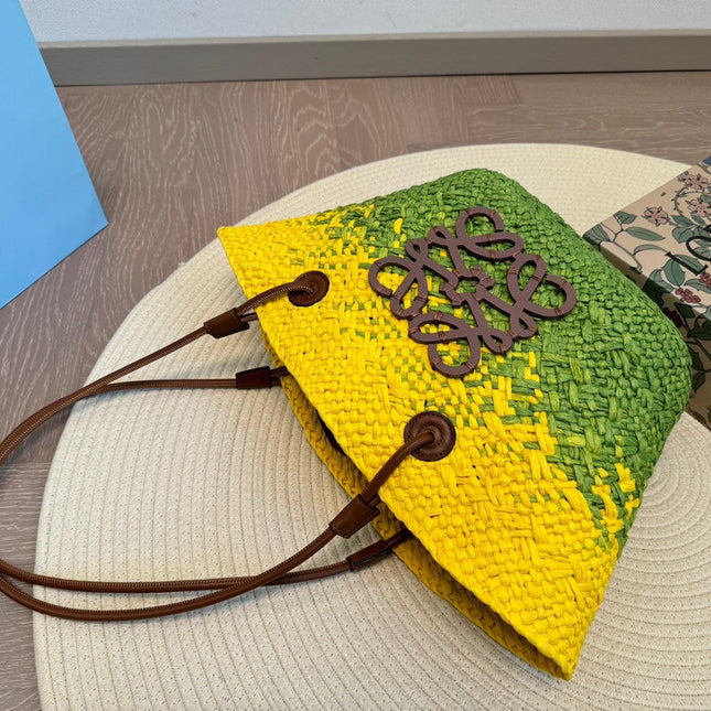 LOE SMALL ANAGRAM BASKET 28 BAG IN YELLOW MIX GREEN IRACA PALM AND CALFSKIN