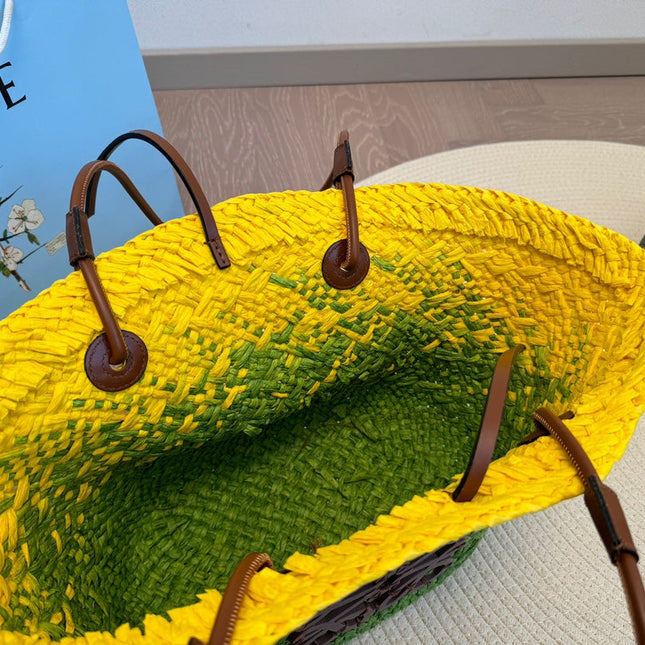 LOE SMALL ANAGRAM BASKET 28 BAG IN YELLOW MIX GREEN IRACA PALM AND CALFSKIN