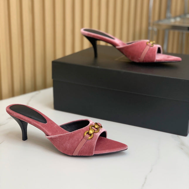SL CHAIN ATTACH HEELED MULES BLUSH PINK VELVET