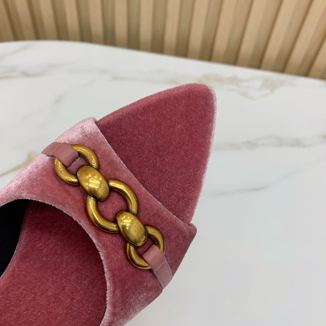 SL CHAIN ATTACH HEELED MULES BLUSH PINK VELVET